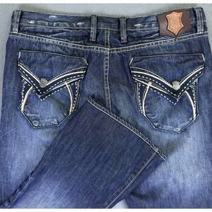Monarchy Jeans Mens 34x30 Blue Bootcut Distressed Embroidered Flap Pocket Rock